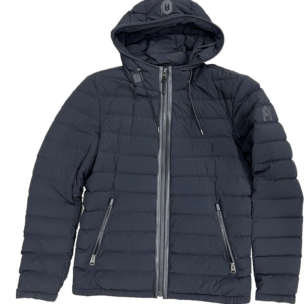 NWT - Men's Mackage Black Stretch Light Down Jacket With Hood Size Medium 38